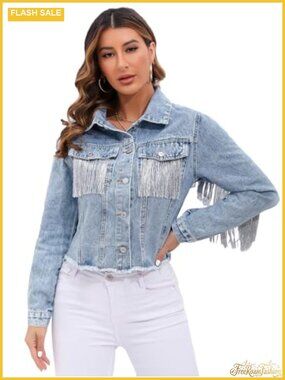 Women Fringe Denim Jacket Oversized Jean Coat Western Country Concert